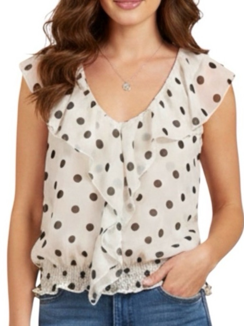 Sheer Polka Dot Ruffle Blouse Cream Navy Romantic Cottagecore Top Size Large